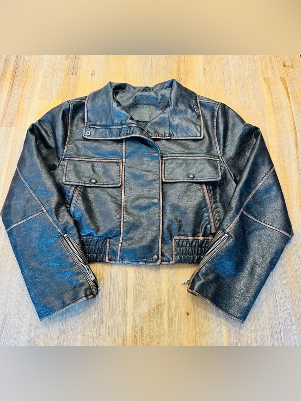 Blank NYC Cropped Black Faux Leather Bomber with Zip Cuffs